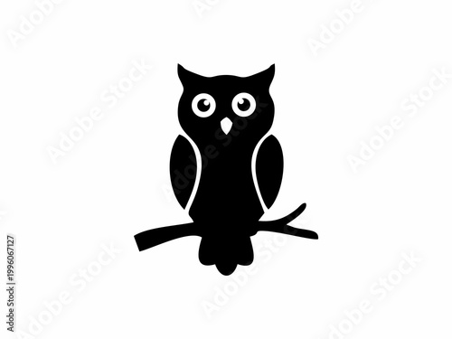 Simple Owl Silhouette Icon Sitting on a Branch Isolated on White Background