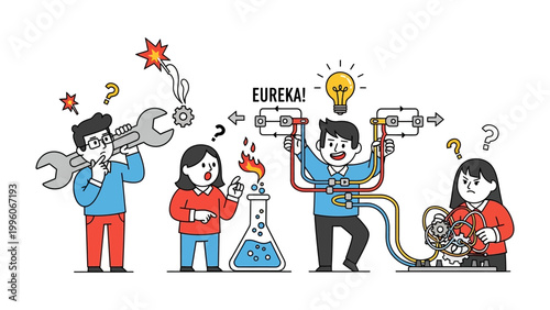 Eureka Moment in Scientific Endeavor: A cartoon illustration captures a vivid scientific breakthrough, with characters in a lab environment experiencing moments of discovery. Experimentation.