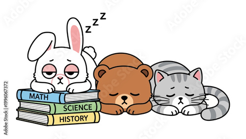 Sleepy Study Buddies: A charming scene of a rabbit, a bear, and a cat, each resting peacefully upon a stack of colorful books, embodying the gentle exhaustion of study.