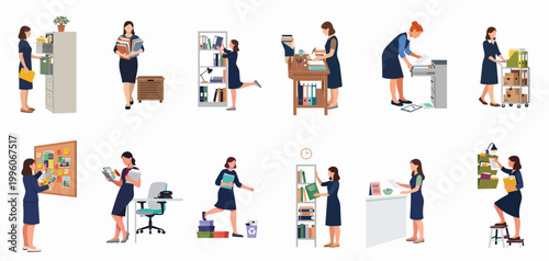 Set of Businesswomen Performing Office Tasks, Filing, Organizing, and Managing Documents in a Flat Illustration Style