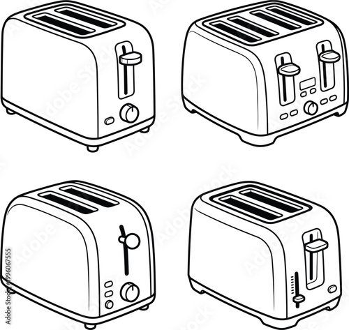 Assortment of four straightforward black and white line graphic illustrations of various toaster designs for proficient use.