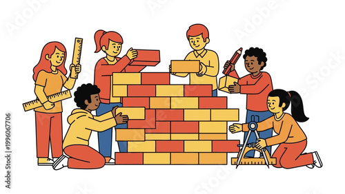 Constructive Unity: A collaborative group of individuals builds a brick wall, symbolizing teamwork and shared goals. Emphasizing the power of togetherness and combined efforts.