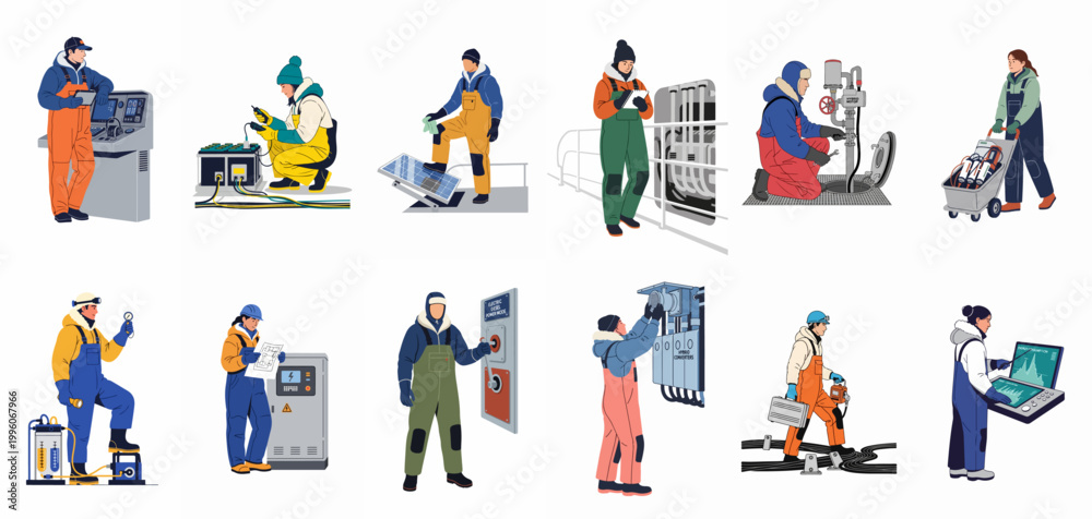 Fototapeta premium Set of industrial workers and engineers in protective winter gear performing maintenance, monitoring, and technical tasks across various energy and manufacturing sectors.
