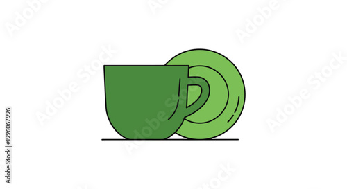Green Tea Cup Plate Line art modern abstract decorative illustration