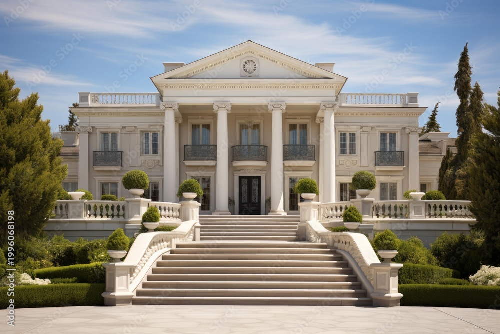 Fototapeta premium Elegant neoclassical mansion featuring a grand entrance staircase, towering columns, and manicured topiary gardens