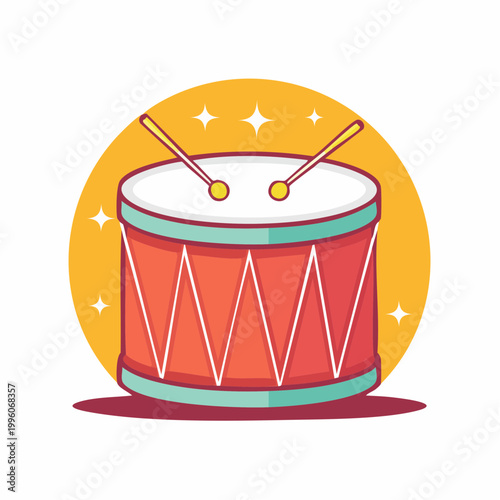 Cartoon Drum with Drumsticks and Stars