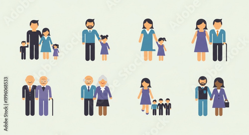 Diverse family groups and couples standing.