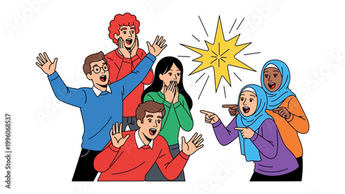 Startled Spectators: A group of individuals is depicted in an illustration, capturing a moment of shock or surprise, with their expressions and gestures vividly portraying the feeling of astonishment.