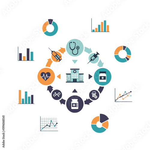Healthcare data analysis and medical research infographic with charts and icons.