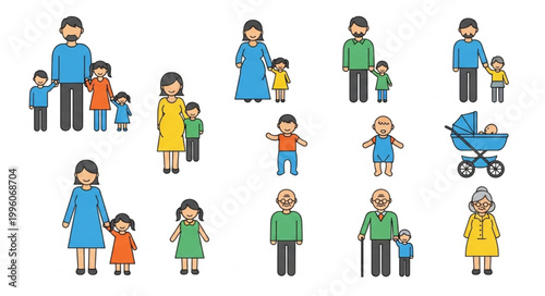 Diverse family cartoon characters standing together.