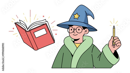 Wizard with Magic: A whimsical wizard, complete with a pointy hat, round glasses, and flowing robes, conjures magic with a glowing wand and a spellbook.