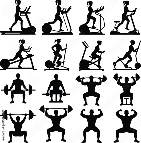 Gym fitness silhouettes collection with cardio machines, treadmill running, cycling, elliptical training and strength weightlifting exercises isolated on white