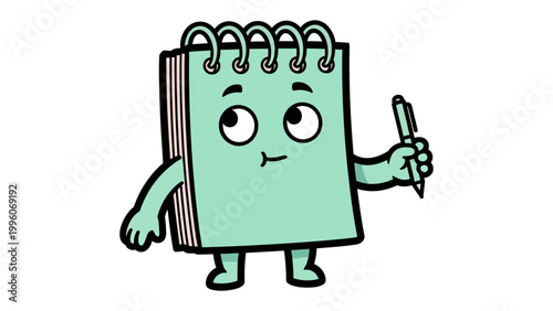 Animated Notebook with Pen: A cheerful, animated notebook character, complete with a pen, stands poised, ready to capture ideas and thoughts.