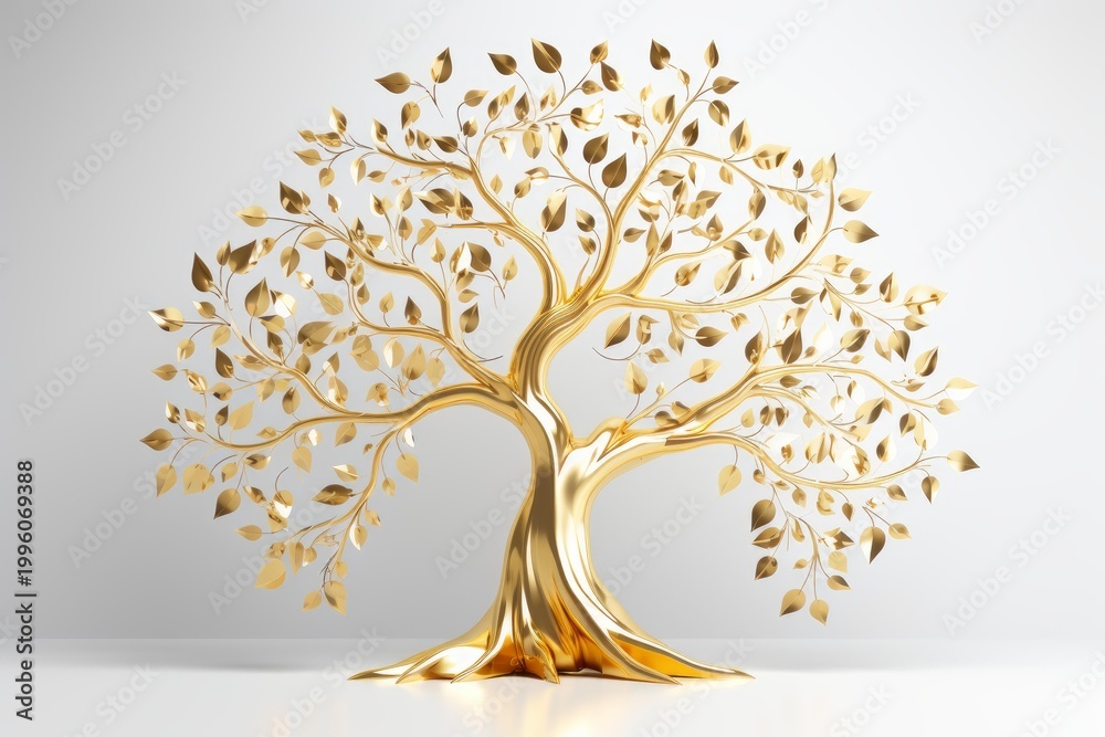 Obraz premium Golden tree with metallic leaves symbolizing wealth, growth, and prosperity on a white background