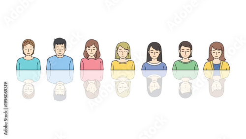 Mellow Reflections: A series of individuals, each lost in quiet contemplation, are perfectly mirrored, creating a visual symphony of inner peace and serenity.