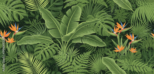 Lush Tropical Jungle Background with Banana Leaves, Monstera Foliage and Exotic Bird Flowers, Dense Botanical Nature Illustration