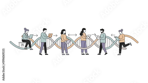 Decoding the Code of Life: A group of individuals collaborate, united by their interest in examining and understanding a double helix DNA strand. They represent a blend of unity, research.