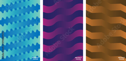 Creative abstract wavy pattern posters with distorted geometric shapes and vibrant color palettes for artistic background design.