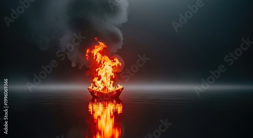 Burning Paper Boat on Water with Orange Glow and Rising Smoke