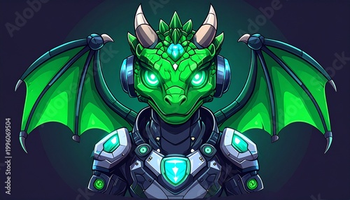 Futuristic Green Dragon Avatar with Headphones and Cybernetic Armor.