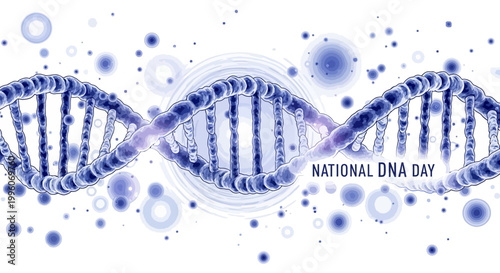 An intricate vector illustration commemorates National DNA Day, showcasing a detailed DNA helix structure against a bright white background with subtle blue accents, symbolizing genetic