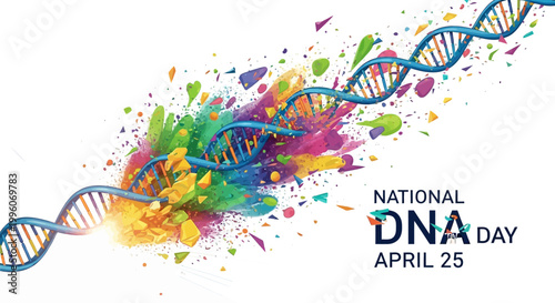 On a National DNA Day illustration, a double helix structure emerges from a vibrant explosion of colorful paint splatters against a clean white background, symbolizing genetic science