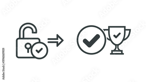 Iconographic representation of unlocking a lock and achieving a trophy with a checkmark