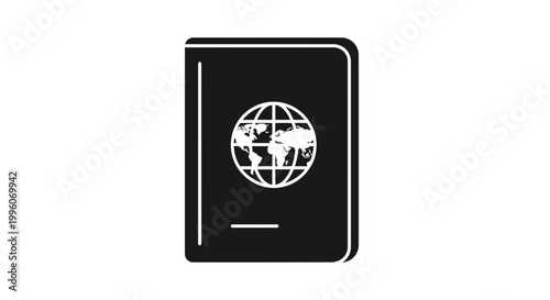 Black passport with a globe icon, symbolizing international travel and identity