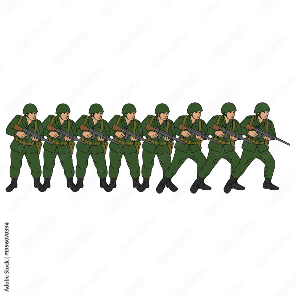 Obraz premium Soldier army illustration with green uniform and guns in motion