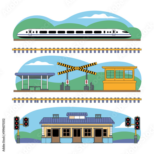 Train station vector illustrations with tracks and trains