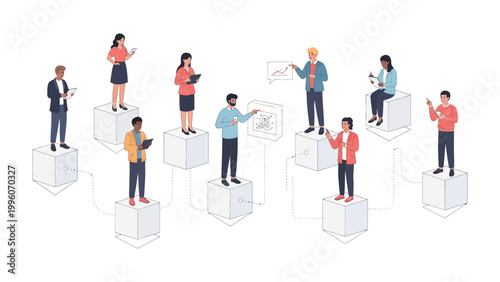 Elevated Ideas: A dynamic group of individuals, perched atop interconnected platforms, are actively engaged in brainstorming and idea-sharing.