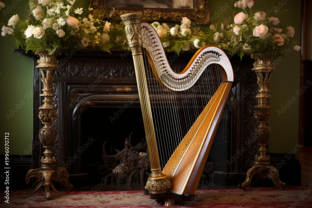 Fototapeta premium Golden harp standing in an elegant interior setting with a fireplace and floral arrangements