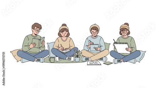 Creative minds: A quartet of friends immersed in the world of creativity, lost in books and drawing, capturing the essence of inspiration and focus