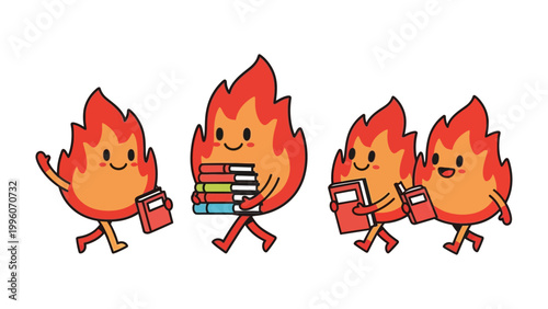 Fiery Scholars' Quest: A cheerful group of animated flames joyfully carrying books, symbolizing a burning desire for knowledge and the excitement of learning.