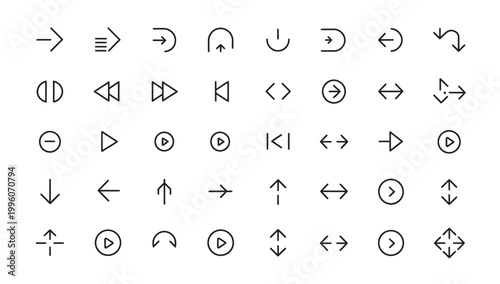 Collection of diverse arrow icons for navigation, playback, and direction in vector format.