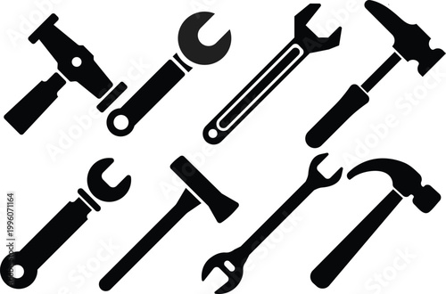 Heavy duty tools icon set sledgehammer crowbar wrench cutter silhouettes