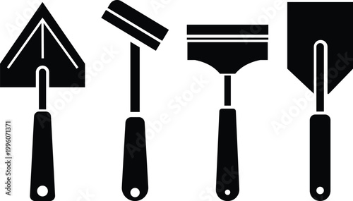 Masonry tools icon set with trowel hawk float silhouettes