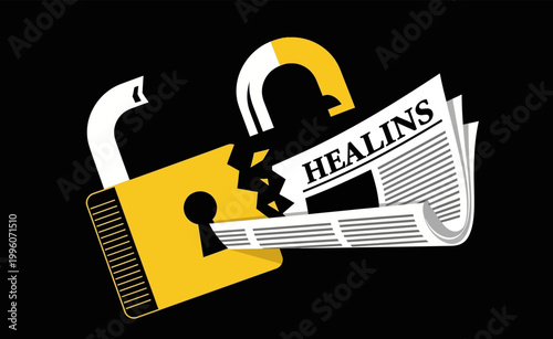 Unlocking the truth A conceptual graphic depicting a shattered newspaper emerging from an open padlock, symbolizing freedom of information and exposing hidden narratives