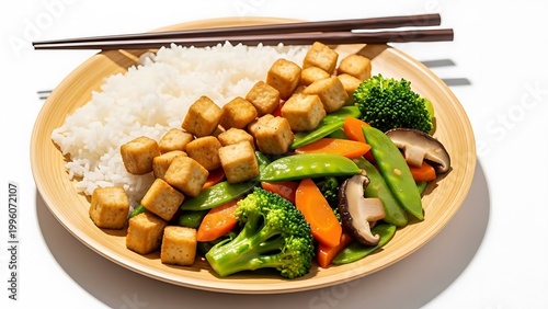 Delicious Asian style tofu stir fry with vegetables and rice