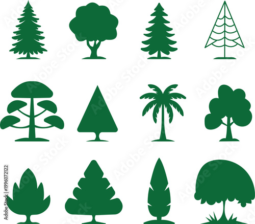Green tree icon set flat vector nature design collection
