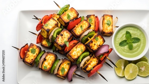 Delicious paneer skewers with green sauce and lime wedges