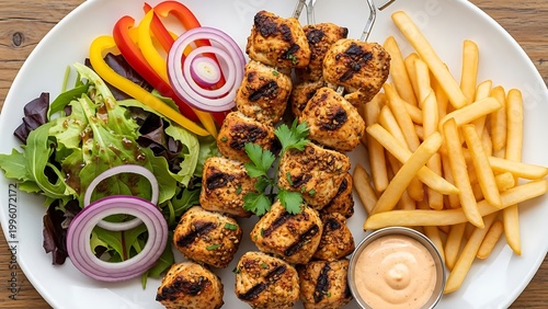 Grilled Chicken Skewers with Salad and French Fries on Plate