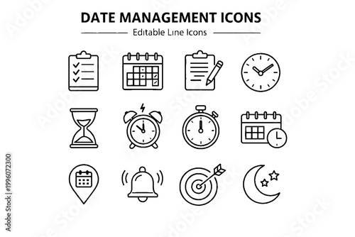 Date Management Icon Set – Calendar, Schedule, Time and Planning Line Icons