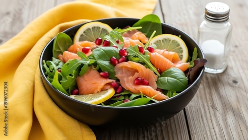 Salmon salad with lemon and pomegranate in a black bowl