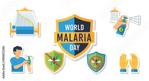 A symbolic vector illustration promotes healthcare awareness for World Malaria Day, showcasing mosquito bite prevention and disease control methods against a clean white background