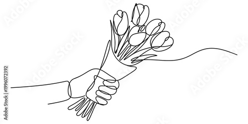 A single line art drawing of a human hand giving a beautiful bouquet of fresh tulip flowers on white background. Vector, illustration