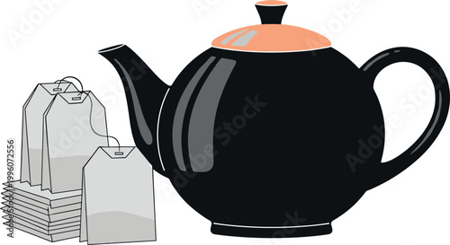 Black Ceramic Teapot with Tea Bags Illustration for Kitchen, Cafe, Beverage, and Hot Drink Menu and Packaging Design Projects
