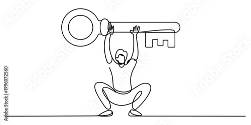 A continuous line drawing depicting a person in a squat position while holding a large key above their own head. Vector, illustration