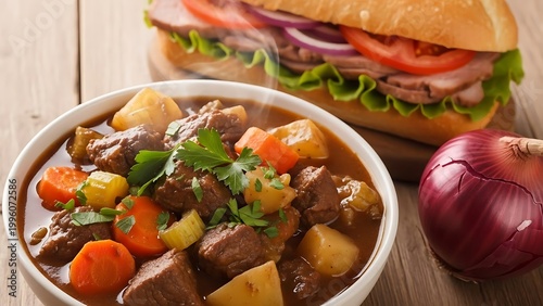 Hearty beef stew with vegetables and sandwich on wooden table