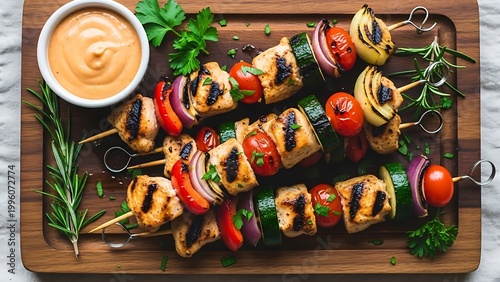 Grilled Chicken and Vegetable Skewers with Herbs and Sauce